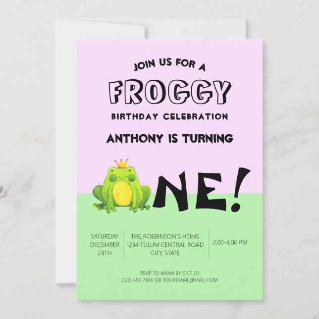 Invitación Fiesta de cumpleaños de rana de un año (Anverso)