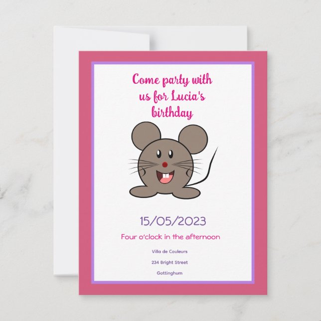 Invitación Fiesta de cumpleaños de ratón gris sonriente (Anverso)