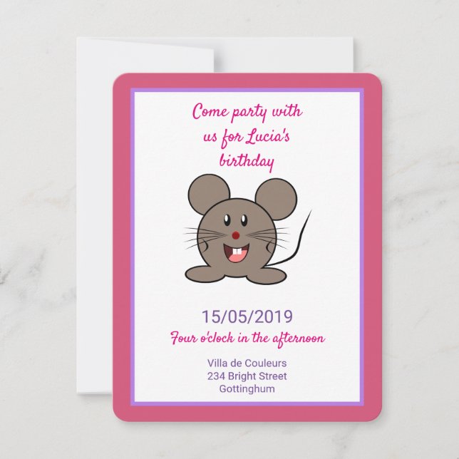 Invitación Fiesta de cumpleaños de ratón gris suave (Anverso)