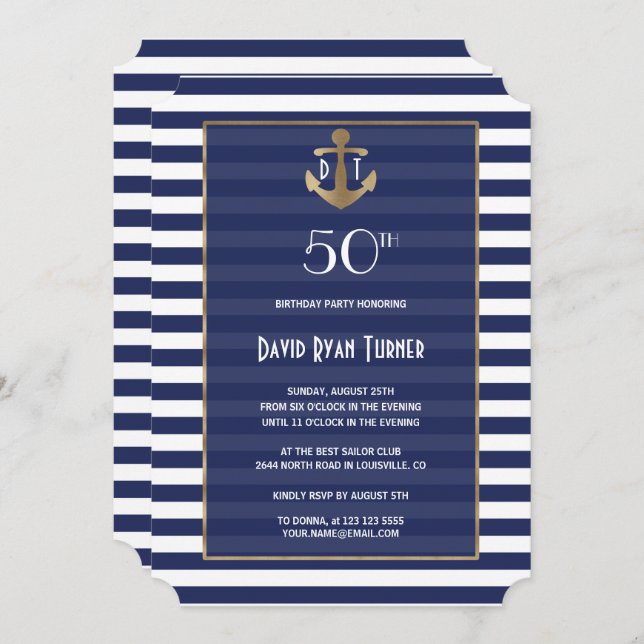 Invitación Fiesta de cumpleaños de rayas azules marinas dorad (Anverso / Reverso)