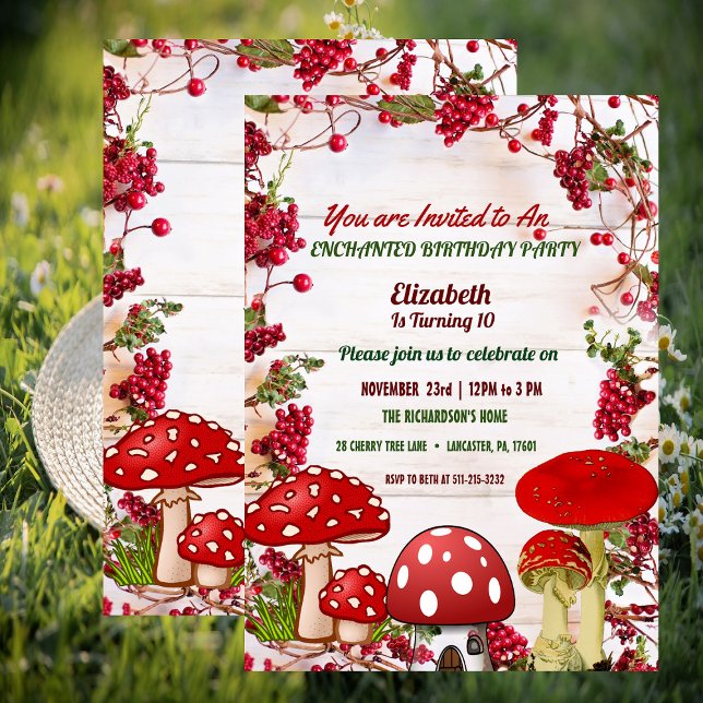 Invitación Fiesta de cumpleaños de Red Berry Garden Toadstool (Red Berry Garden Toadstool Kid's Birthday Party Invitation)