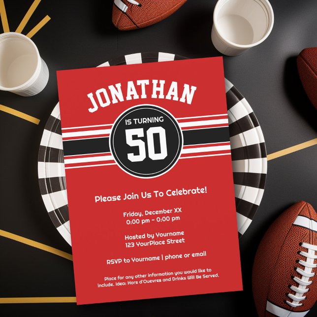 Invitación Fiesta de cumpleaños de Red Black Sports Jersey (Birthday Party Invitation - Sports Theme - Football Party Invitation)
