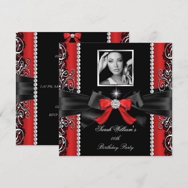 Invitación Fiesta de cumpleaños de Red Bow - Foto de plata ne (Anverso / Reverso)