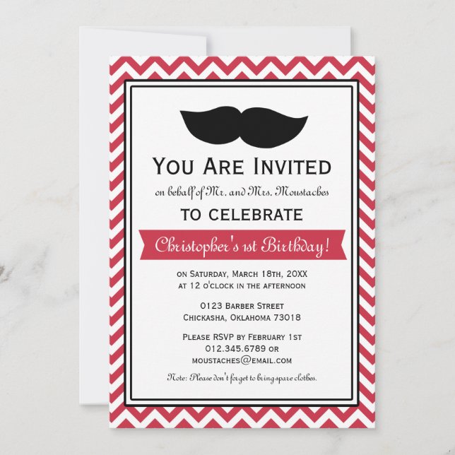 Invitación Fiesta de cumpleaños de Red Boy Mustache Chevron (Anverso)