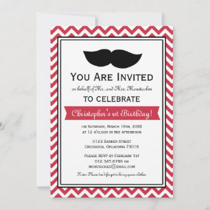 Invitación Fiesta de cumpleaños de Red Boy Mustache Chevron