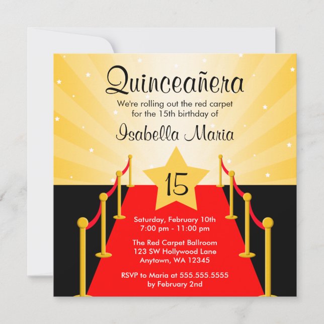 Invitación Fiesta de cumpleaños de Red Carpet Hollywood Quinc (Anverso)