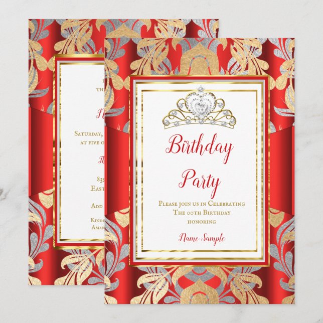 Invitación Fiesta de cumpleaños de RED Gold Damask Gray Tiara (Anverso / Reverso)