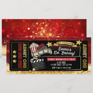 Invitación Fiesta de cumpleaños de Red & Gold Movie Ticket