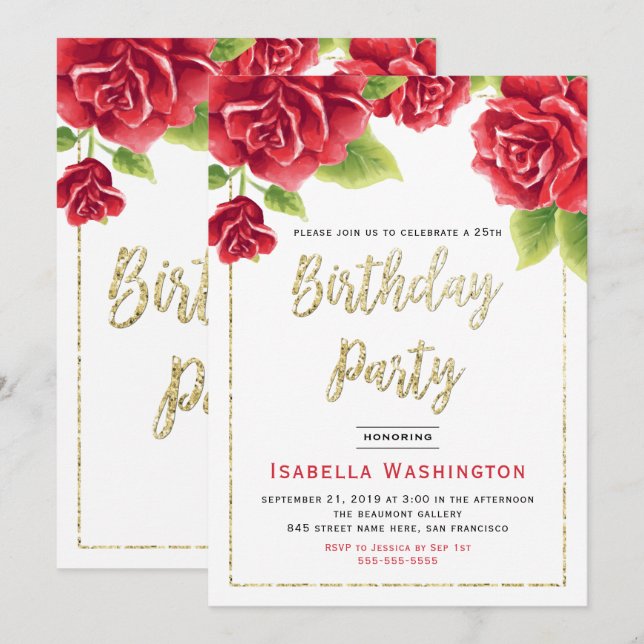 Invitación Fiesta de cumpleaños de Red Roses y Gold Purpurina (Anverso / Reverso)