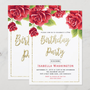 Invitación Fiesta de cumpleaños de Red Roses y Gold Purpurina