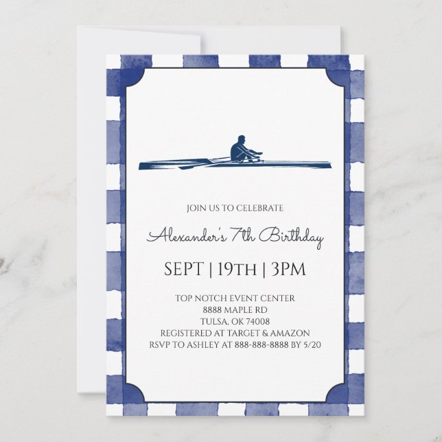 Invitación Fiesta de Cumpleaños de Remo de Gingham Azul (Anverso)
