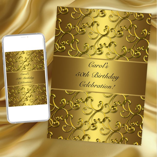 Invitación Fiesta de cumpleaños de remolino de oro (Gold swirl any birthday or occasion invitation. Instant download and printed invitations available.)