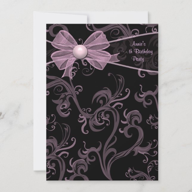 Invitación Fiesta de cumpleaños de remolinos negros y rosados (Anverso)