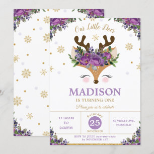 Invitación Fiesta de cumpleaños de renos morados florales