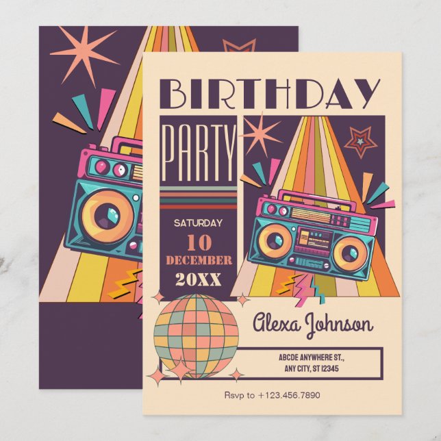 Invitación Fiesta de cumpleaños de Retro (Anverso / Reverso)