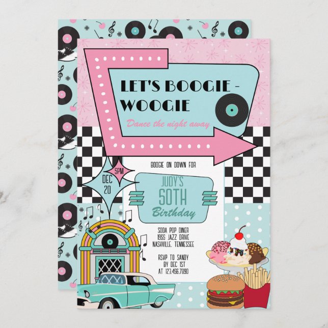 Invitación Fiesta de cumpleaños de Retro 50 (Anverso / Reverso)