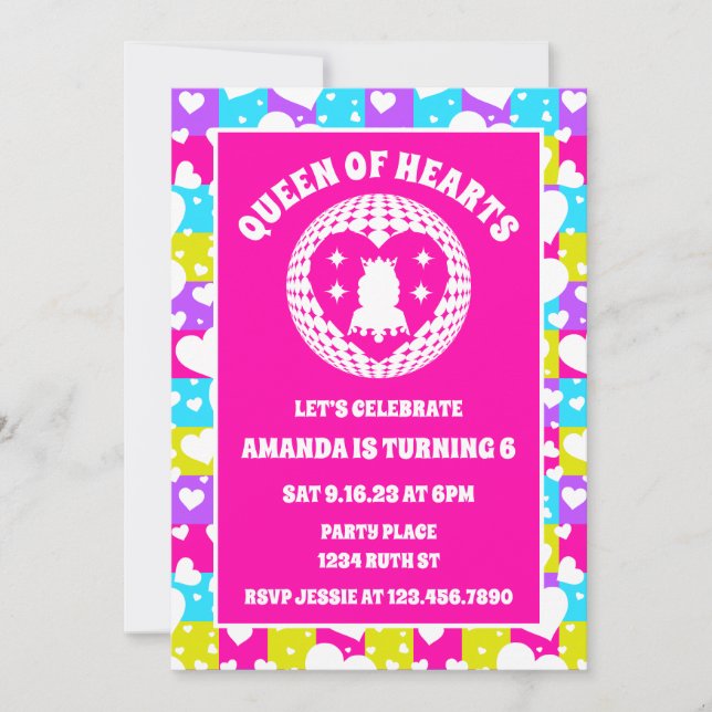 Invitación Fiesta de cumpleaños de Retro Neon Queen Of Hearts (Anverso)