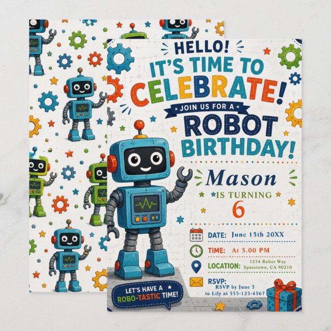 Invitación Fiesta de Cumpleaños de Robot (Anverso / Reverso)