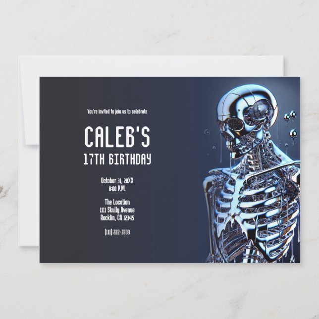 Invitación Fiesta de Cumpleaños de Robot de Esqueleto de Plat (Anverso)