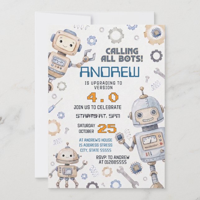 Invitación Fiesta de Cumpleaños de Robot de Tecnología Person (Anverso)