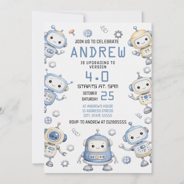 Invitación Fiesta de cumpleaños de robot moderno personalizad (Anverso)