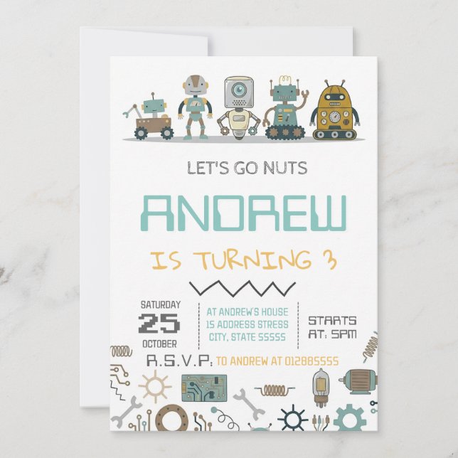 Invitación Fiesta de cumpleaños de robot personalizado (Anverso)