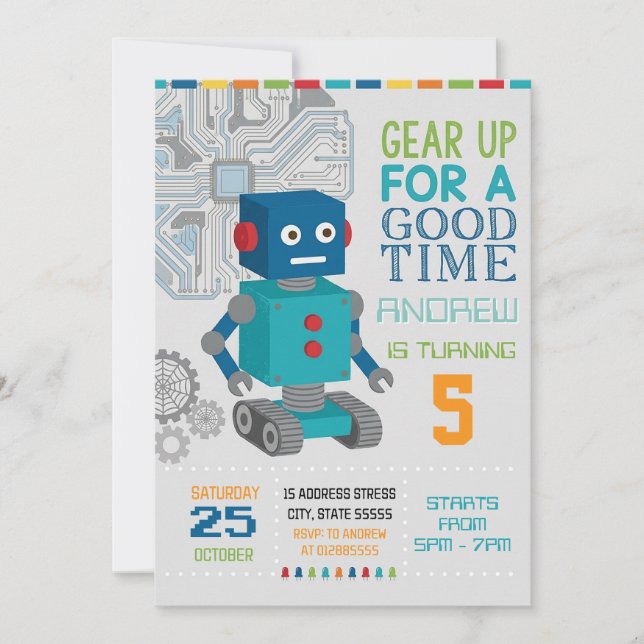 Invitación Fiesta de cumpleaños de robot personalizado (Anverso)