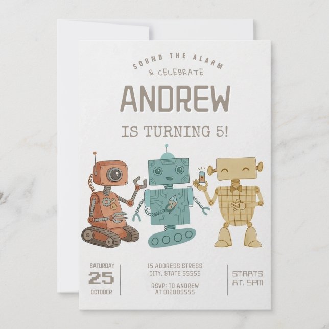 Invitación Fiesta de cumpleaños de robot retro personalizado (Anverso)