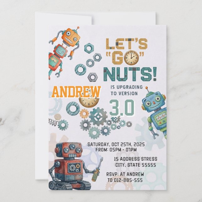 Invitación Fiesta de cumpleaños de robots de ciencia personal (Anverso)