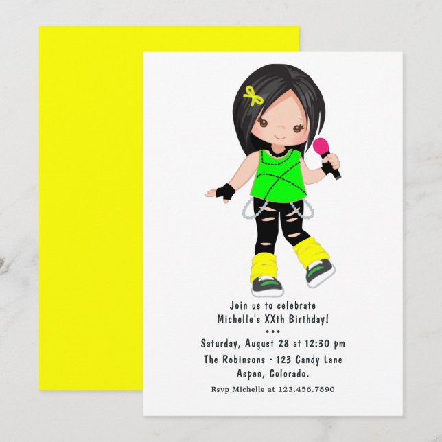 Invitación Fiesta de Cumpleaños de Rock Star Niña Linda (Anverso / Reverso)