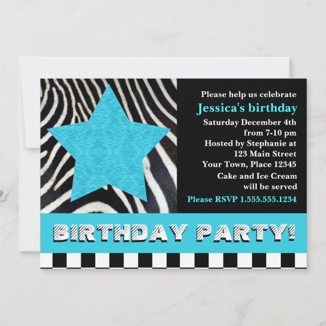 Invitación Fiesta de cumpleaños de Rock Star Zebra - Azul (Anverso)