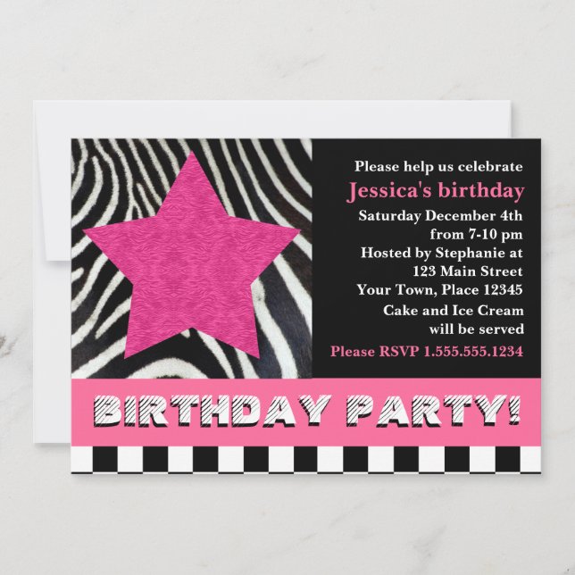 Invitación Fiesta de cumpleaños de Rock Star Zebra - Rosa (Anverso)
