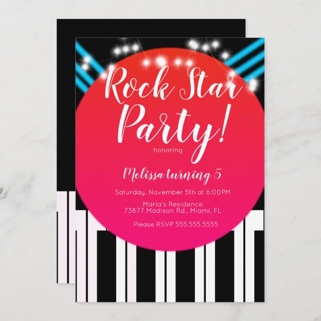 Invitación Fiesta de Cumpleaños de Rockstar de Piano Musical (Anverso / Reverso)