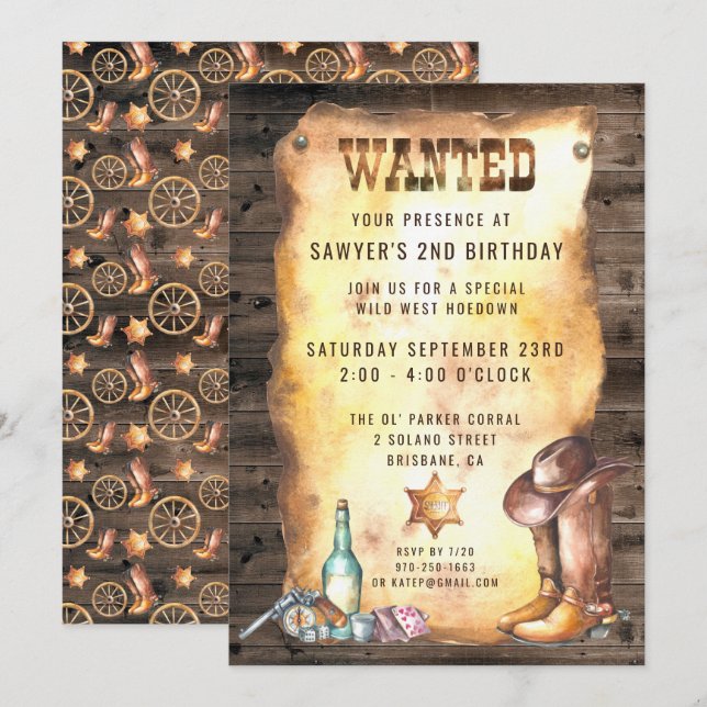 Invitación Fiesta de cumpleaños de Rodeo Rústico Occidental (Anverso / Reverso)