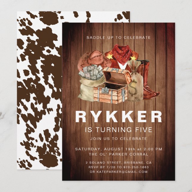 Invitación Fiesta de cumpleaños de Rodeo Rústico Occidental (Anverso / Reverso)
