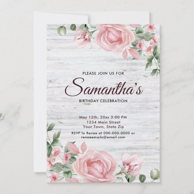 Invitación Fiesta de cumpleaños de rosa acuarela rústica  (Anverso)