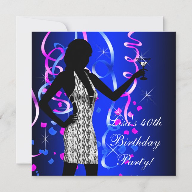 Invitación Fiesta de cumpleaños de rosa caliente y azul real (Anverso)
