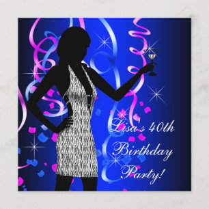 Invitación Fiesta de cumpleaños de rosa caliente y azul real