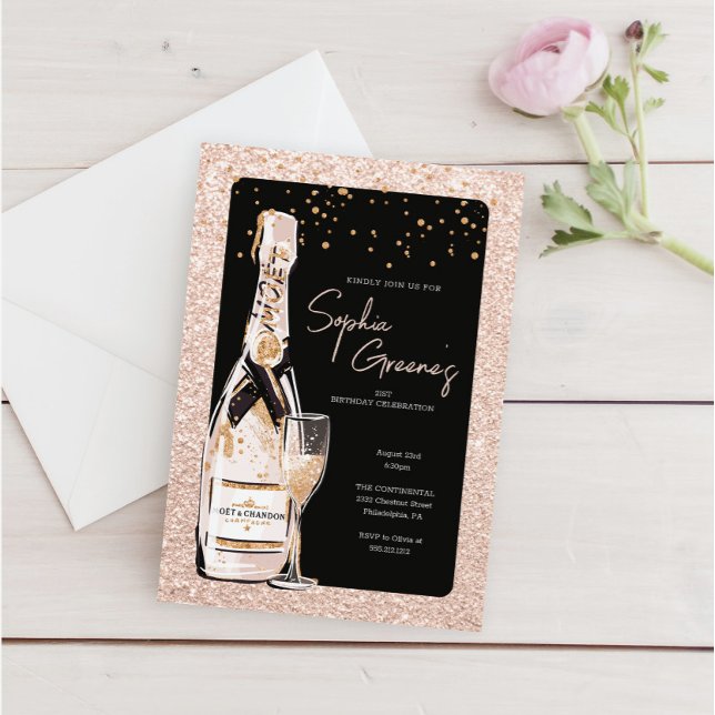 Invitación Fiesta de cumpleaños de Rosa Gold Bubbly Champagne (Subido por el creador)