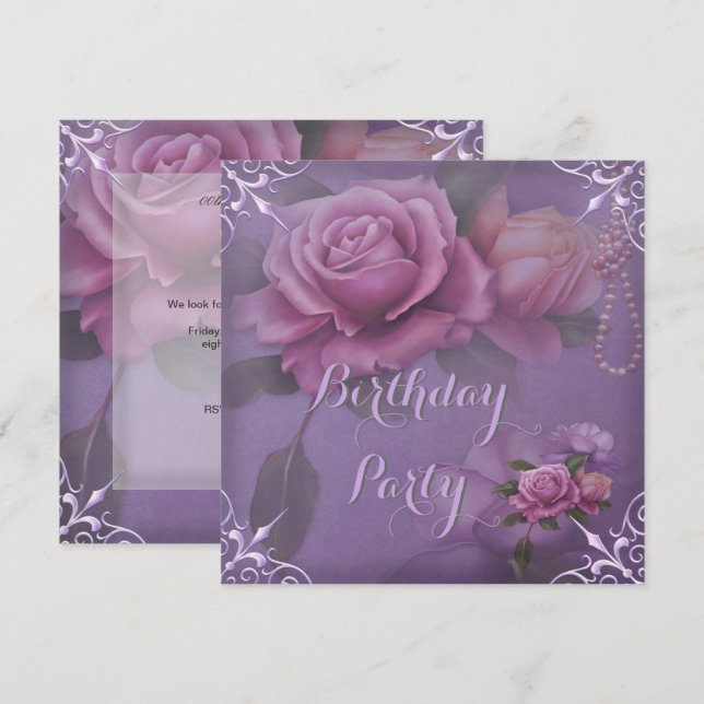 Invitación Fiesta de Cumpleaños de Rosa Lila Morado Preciosa (Anverso / Reverso)