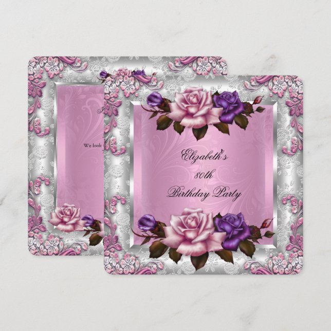 Invitación Fiesta de Cumpleaños de Rosas Moradas Rosa Lila El (Anverso / Reverso)