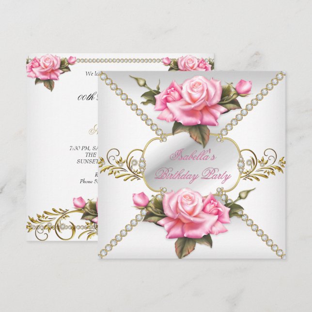 Invitación Fiesta de Cumpleaños de Rosas Rosadas Bonitas con  (Anverso / Reverso)