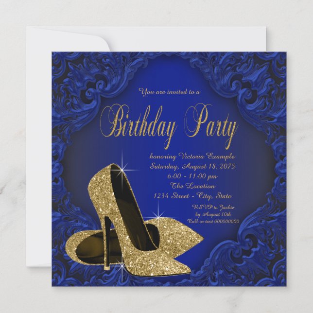 Invitación Fiesta de cumpleaños de Royal Blue and Gold High H (Anverso)