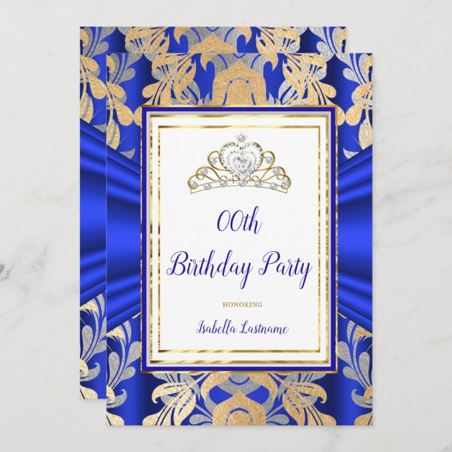 Invitación Fiesta de cumpleaños de ROYAL Blue Gold Damask Gra (Anverso / Reverso)