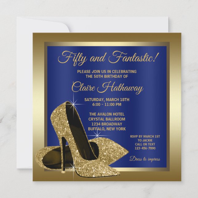 Invitación Fiesta de cumpleaños de Royal Blue Gold High Heels (Anverso)