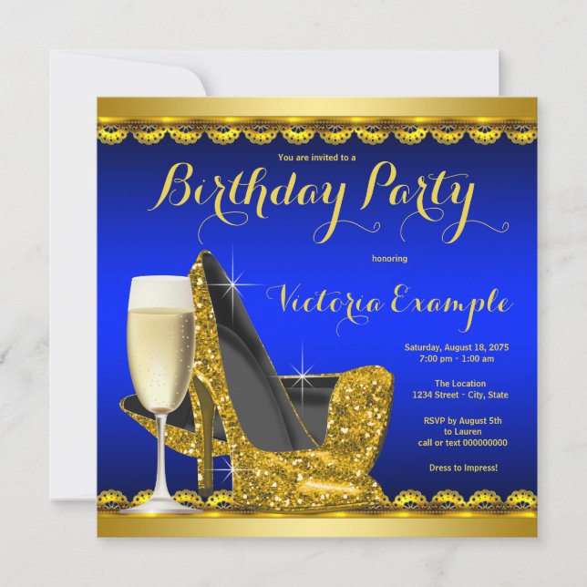 Invitación Fiesta de cumpleaños de Royal Blue Gold High Heels (Anverso)