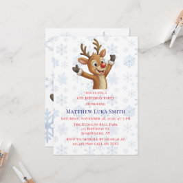 Invitación Fiesta de cumpleaños de Rudolph con copos de nieve