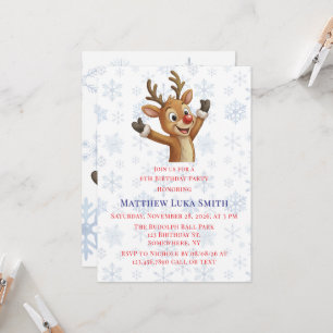 Invitación Fiesta de cumpleaños de Rudolph con copos de nieve