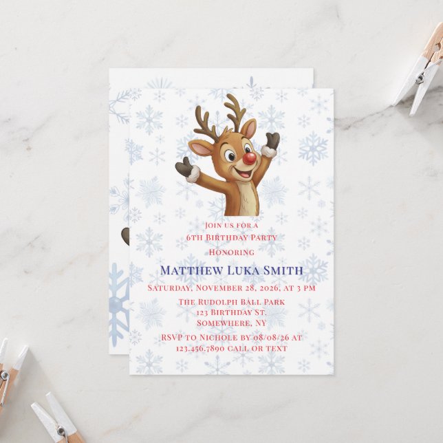 Invitación Fiesta de cumpleaños de Rudolph con copos de nieve (Anverso/Reverso In Situ)
