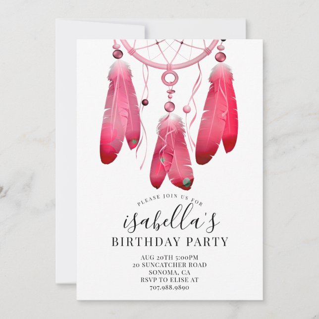 Invitación Fiesta de cumpleaños de Rustic Boho Pink Dream Cat (Anverso)